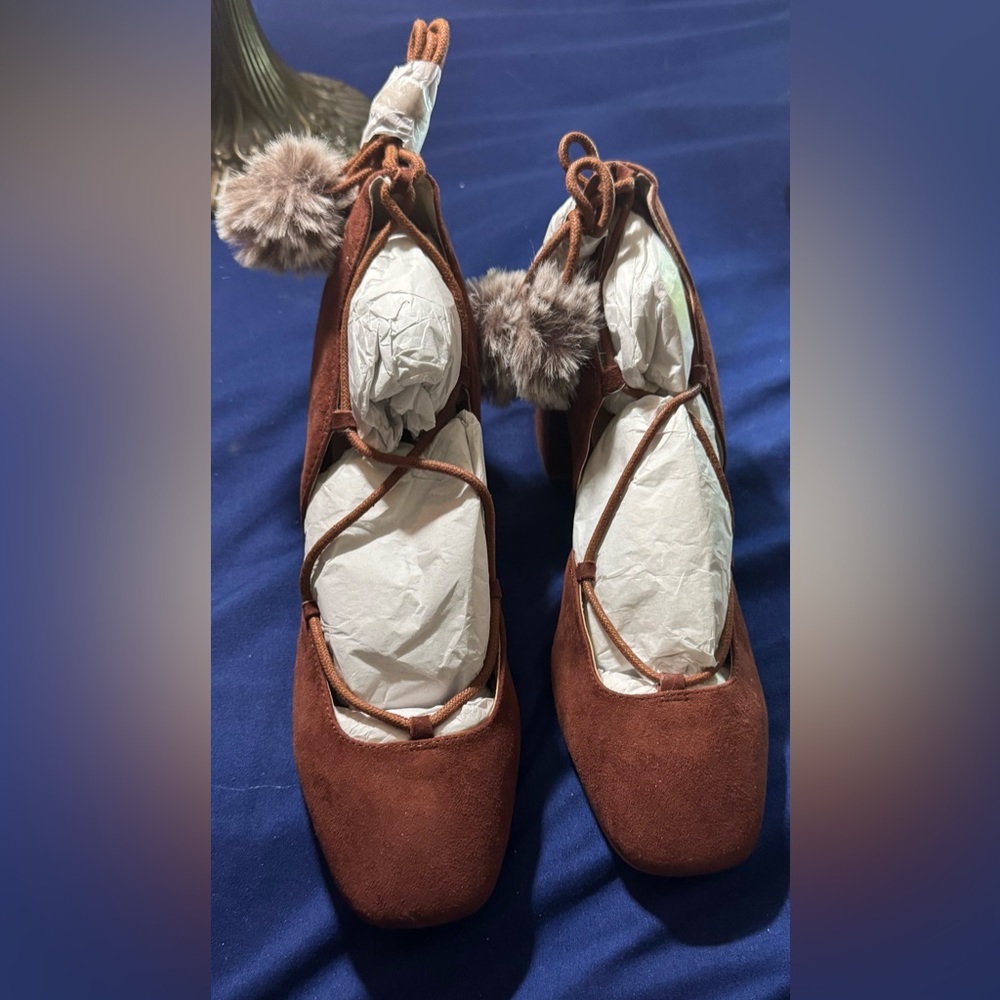 Size 8 Dark Rust Cozy Suede Wrap-around Chunky Heels